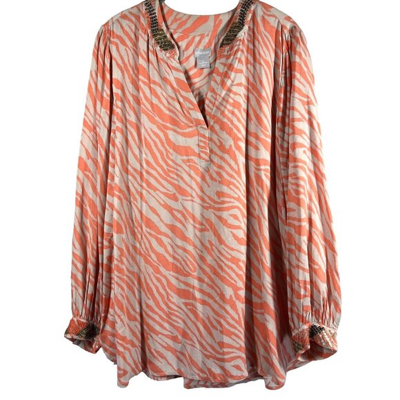 Chico's Womens Tunic Top Blouse Large Embellished Orange Animal Print Semi Sheer - Picture 1 of 10